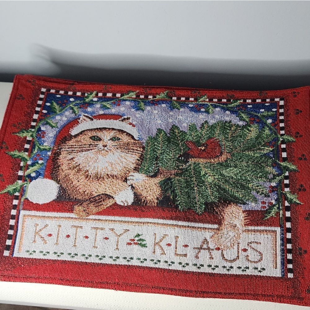 4 Kitty Klaus Cat Tapestry Placemats Christmas Kitten